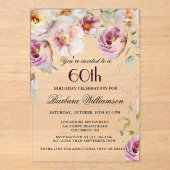 Elegante Roze Wildflower Bloemen 60ste Verjaardags Acryl Uitnodigingen (Voorkant)