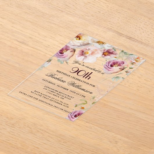 Elegante Roze Wildflower Bloemen 90ste Verjaardags Acryl Uitnodigingen (Laagn)