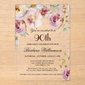Elegante Roze Wildflower Bloemen 90ste Verjaardags Acryl Uitnodigingen (Voorkant)