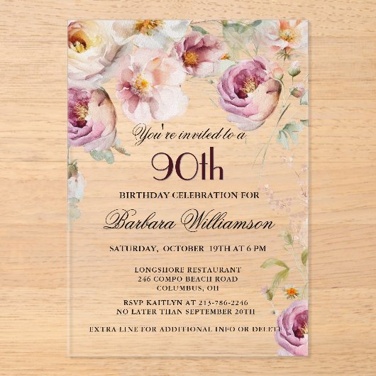 Elegante Roze Wildflower Bloemen 90ste Verjaardags Acryl Uitnodigingen (Voorkant)