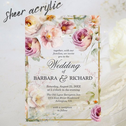 Elegante Roze Wildflower Bloemen Waterverf bruilof Acryl Uitnodigingen
