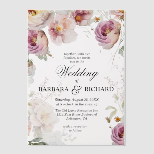 Elegante Roze Wildflower Waterverf bruiloft Vellum Uitnodigingen (Voorkant)