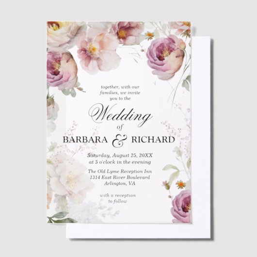 Elegante Roze Wildflower Waterverf bruiloft Vellum Uitnodigingen (Offset)