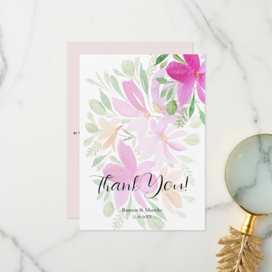 Elegante roze Wildflower Waterverf Kunst Bedankkaart (Voorkant / Achterkant in situ)