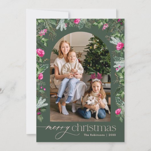 Elegante roze winter groen boog kerst foto feestdagenkaart (Voorkant)