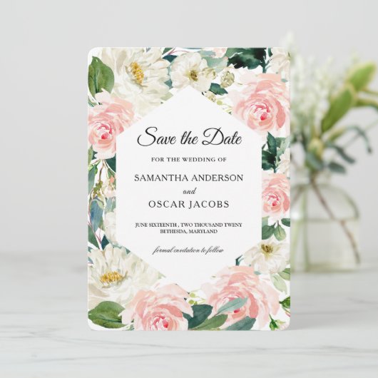 Elegante Roze & Witte Aquarel Bloemenframe  Save The Date (Staand voorkant)