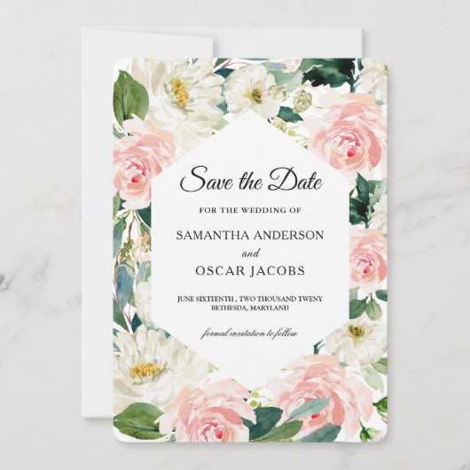 Elegante Roze & Witte Aquarel Bloemenframe  Save The Date (Voorkant)
