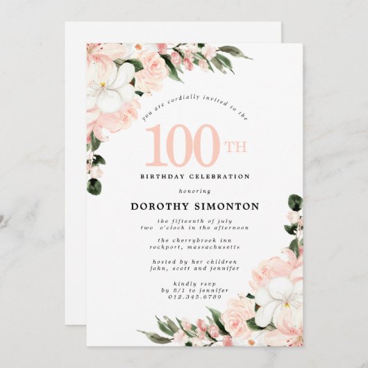 Elegante roze witte bloem 100ste verjaardag kaart (Voorkant / Achterkant)