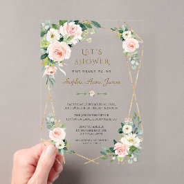 Elegante Roze Witte Bloem Gouden Frame Bruidsdouch Acryl Uitnodigingen
