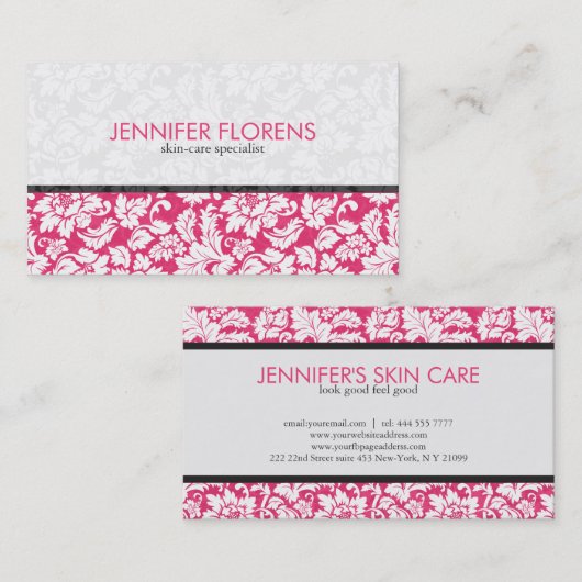 Elegante roze witte bloemdamast visitekaartje (Voorkant / Achterkant)