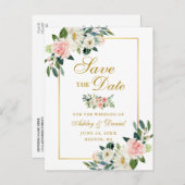 Elegante Roze Witte Bloemen Bewaar de Datum Goud Aankondigingskaart (Voorkant / Achterkant)