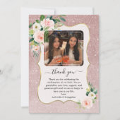 Elegante Roze Witte Bloemen Gouden Fotobevestiging Bedankkaart (Voorkant)