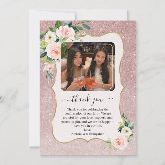 Elegante Roze Witte Bloemen Gouden Fotobevestiging Bedankkaart (Voorkant)