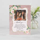 Elegante Roze Witte Bloemen Gouden Fotobevestiging Bedankkaart (Staand voorkant)
