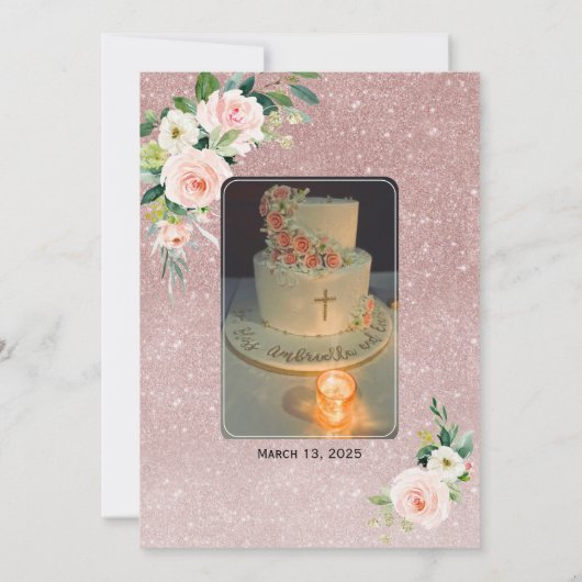 Elegante Roze Witte Bloemen Gouden Fotobevestiging Bedankkaart (Achterkant)