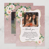 Elegante Roze Witte Bloemen Gouden Fotobevestiging Bedankkaart (Voorkant / Achterkant)