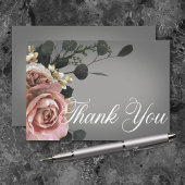 Elegante Roze Witte Bloemen Rozen Grijs Huwelijk Bedankkaart