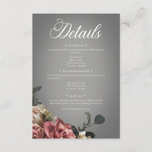 Elegante Roze Witte Bloemen Rozen Grijs Huwelijk Informatiekaartje (Voorkant)
