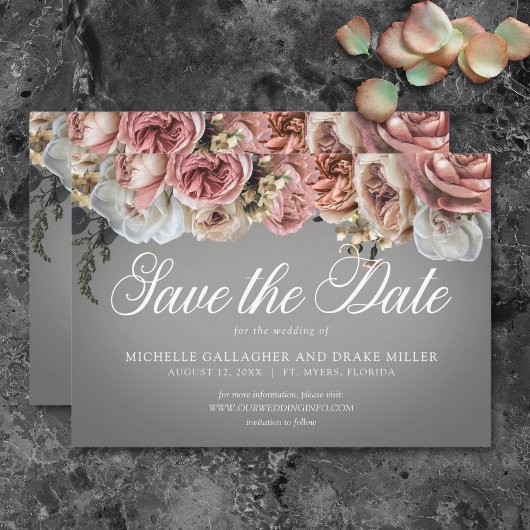 Elegante Roze Witte Bloemen Rozen Grijs Huwelijk Save The Date