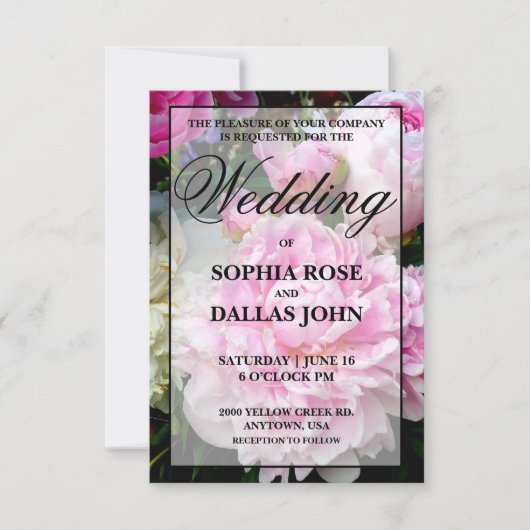 Elegante roze witte bloemenpioen bruiloft kaart (Voorkant)