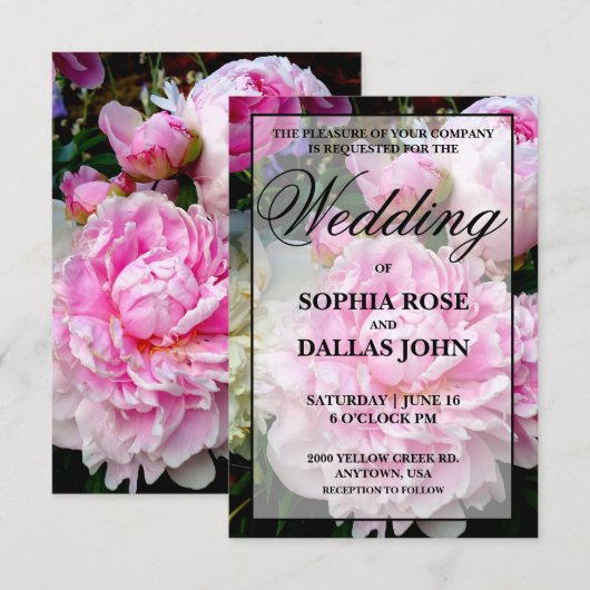 Elegante roze witte bloemenpioen bruiloft kaart (Voorkant / Achterkant)