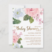Elegante Roze Witte Bloemige Rozen Script Baby Sho Kaart (Voorkant)