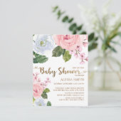 Elegante Roze Witte Bloemige Rozen Script Baby Sho Kaart (Staand voorkant)