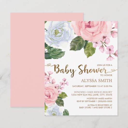 Elegante Roze Witte Bloemige Rozen Script Baby Sho Kaart (Voorkant / Achterkant)