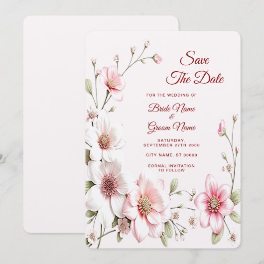 Elegante Roze Witte Bloemige Save The Date (Voorkant / Achterkant)
