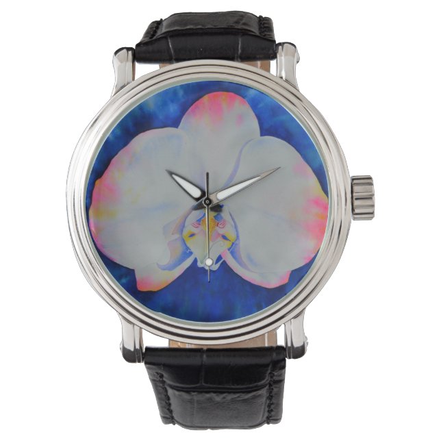 Elegante roze witte bloemige waterverf orchidee horloge (Voorkant)