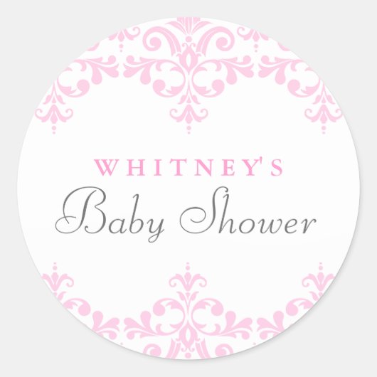 Elegante Roze & Witte Damast Baby shower Sticker (Voorkant)