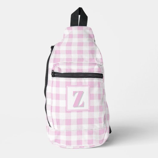 Elegante roze witte geruite monogram op maat gemaa sling bag (Voorkant)