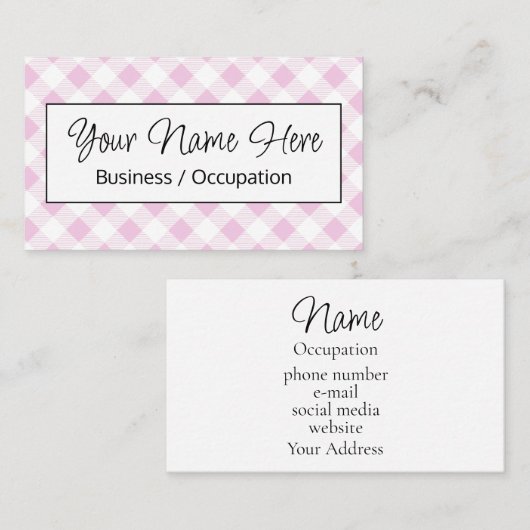 Elegante roze witte gingham checker visitekaartje (Voorkant / Achterkant)