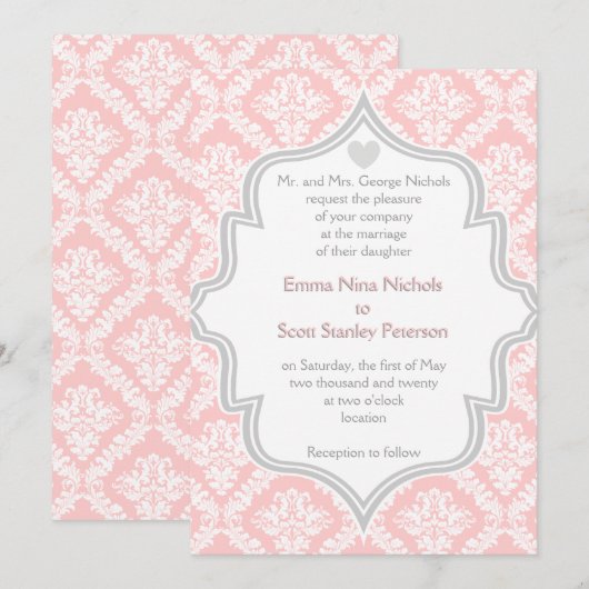 Elegante roze, witte, grijze damast bruiloft kaart (Voorkant / Achterkant)