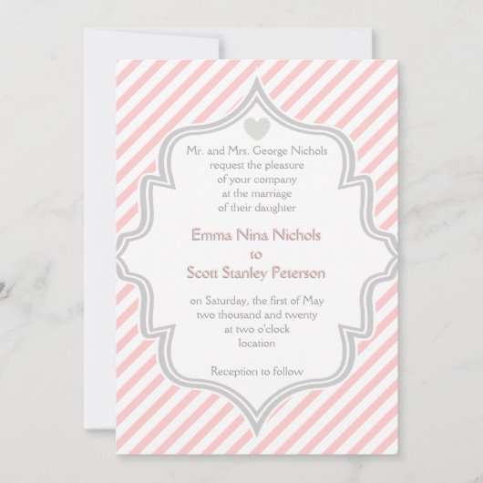 Elegante roze, witte, grijze strepen bruiloft kaart (Voorkant)