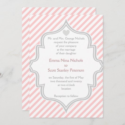 Elegante roze, witte, grijze strepen bruiloft kaart (Voorkant / Achterkant)