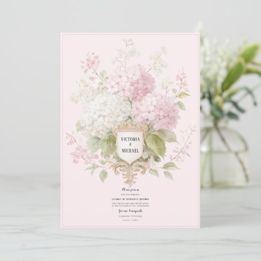 Elegante Roze & Witte Hydrangeaën Bruiloft Kaart (Staand voorkant)
