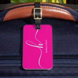 Elegante Roze Witte Monogram Initiaal Script Naam  Bagagelabel