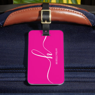 Elegante Roze Witte Monogram Initiaal Script Naam Bagagelabel