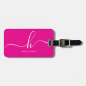 Elegante Roze Witte Monogram Initiaal Script Naam Bagagelabel (Voorkant horizontaal)