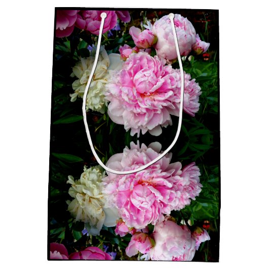 Elegante roze witte pioen bloementuin foto medium cadeauzakje (Achterkant)