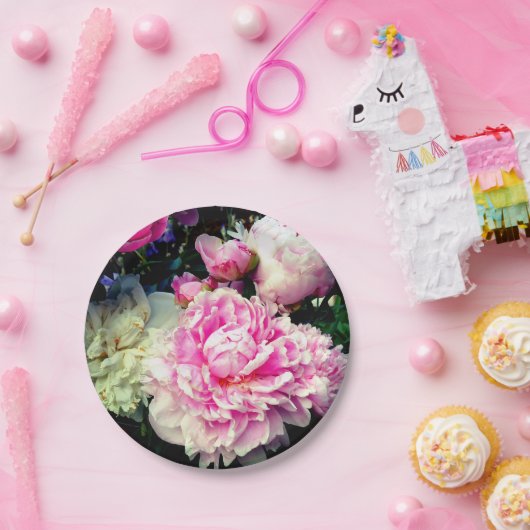 Elegante roze witte pioen bloementuin foto papieren bordje (Feest)