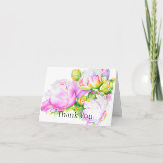 Elegante roze witte pioen florale waterverf bedankkaart