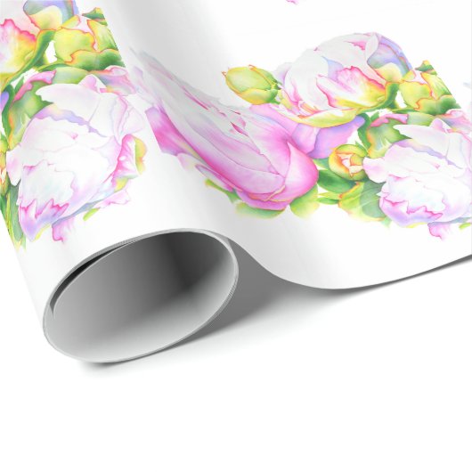 Elegante roze witte pioen florale waterverf cadeaupapier (Rol Hoek)