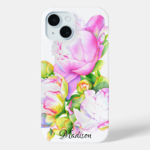 Elegante roze witte pioen florale waterverf iPhone 15 case