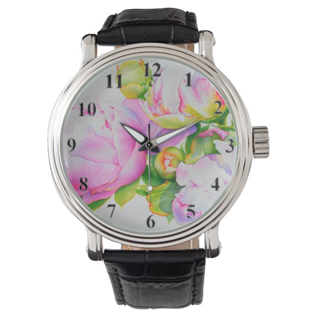 Elegante roze witte pioen florale waterverf horloge (Voorkant)