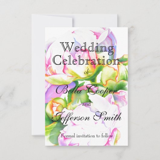 Elegante roze witte pioen florale waterverf save the date (Voorkant)