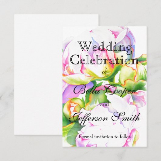 Elegante roze witte pioen florale waterverf save the date (Voorkant / Achterkant)