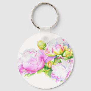 Elegante roze witte pioen florale waterverf sleutelhanger