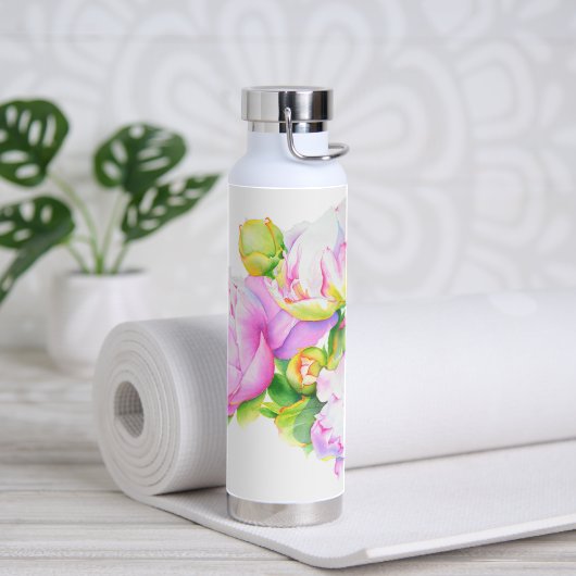 Elegante roze witte pioen florale waterverf waterfles (Yoga)